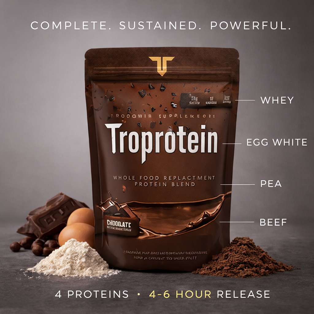 Troprotein 4-protein blend infographic showing whey, egg white, pea and beef protein sources - 4 to 6 hour sustained release protein matrix by Troponin Supplements