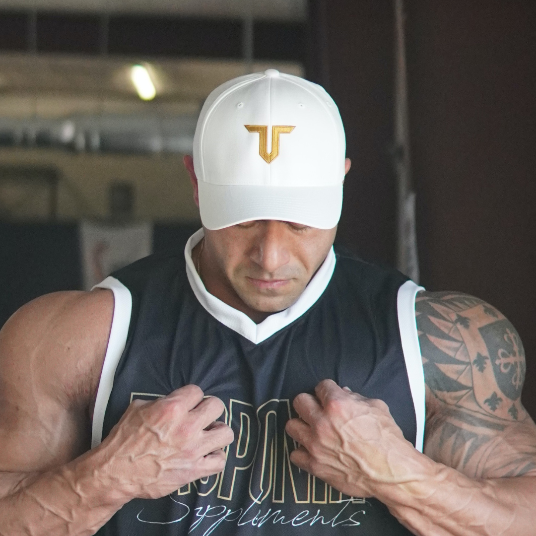 Troponin Supplements white fitted hat with embroidered Double T logo — structured athletic cap