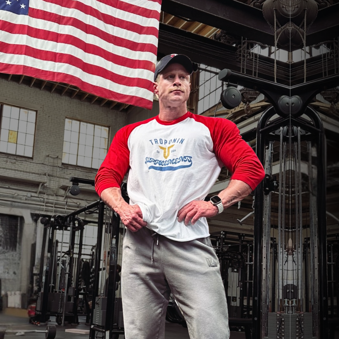 Troponin Supplements 3/4 sleeve retro raglan shirt with contrast sleeves and logo — fitness apparel