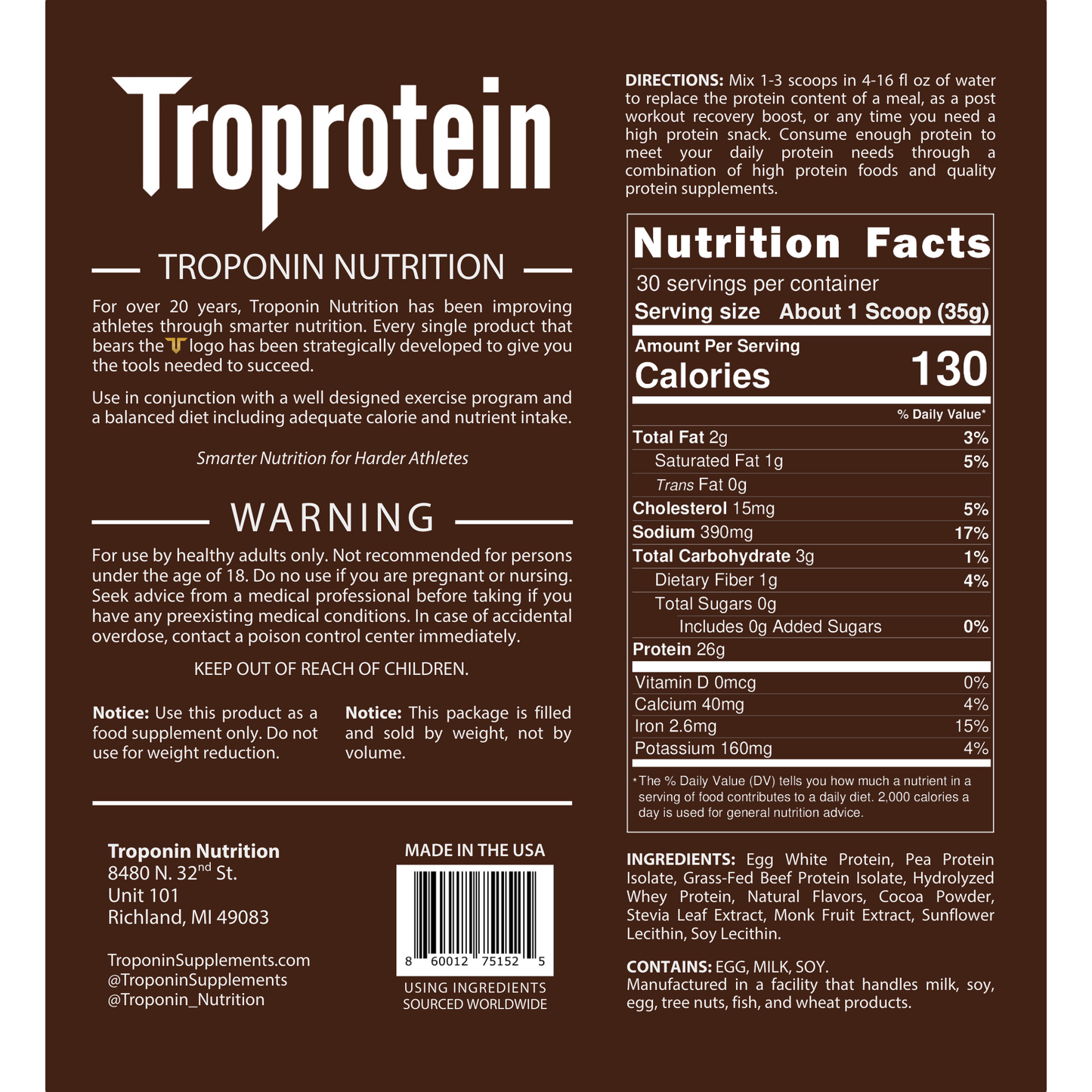 
                  
                    Troprotein nutrition facts label - 26g protein, 130 calories per serving, ingredients egg white, pea protein, grass-fed beef, hydrolyzed whey - Troponin Supplements
                  
                