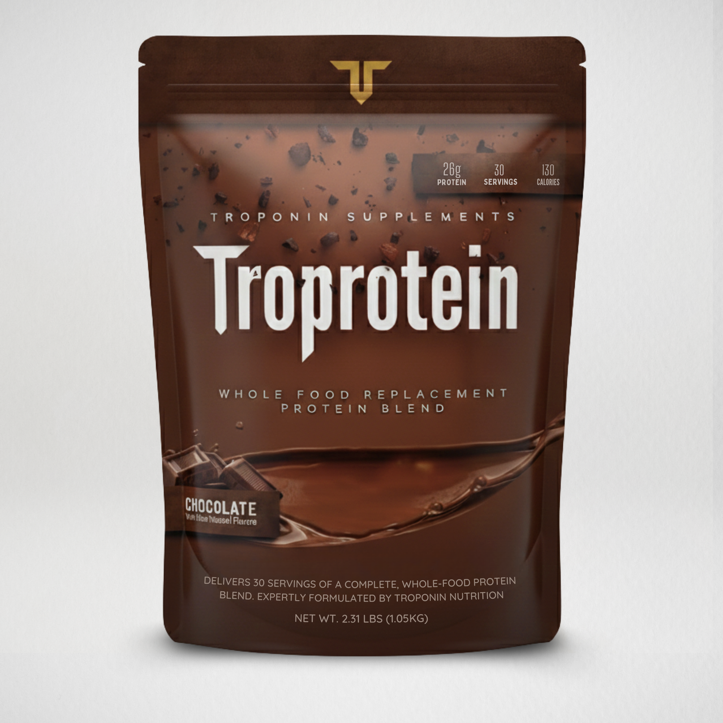 Troprotein whole food time-release protein blend by Troponin Supplements - 26g protein, 30 servings, chocolate flavor, whey egg pea beef protein matrix